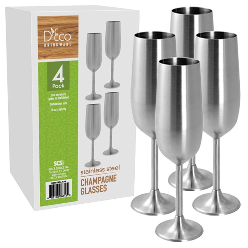 DECO Unbreakable 8 Oz Stainless Steel Champagne Flutes 4 Pk Large Stemmed Matte Silver Champagne Glasses  Reusable Indoor Outdoor Drinkware  Keeps Drink Cool for Longer Graduation  Mothers Day Gift