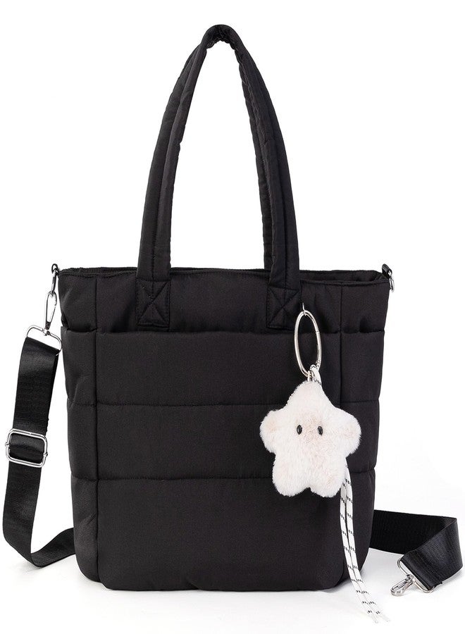 iSamzan Puffer Tote Bag for Women: Lightweight Quilted Bag with Plush Star Charm, Adjustable Strap for Work & Travel, Black, 700 cubic inches - Image 1
