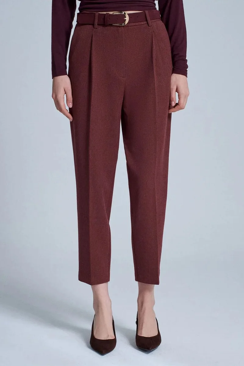 Dilvin Burgundy Red DILVIN High-Waist Belted Straight-Leg Trousers for Women | Best Price UAE