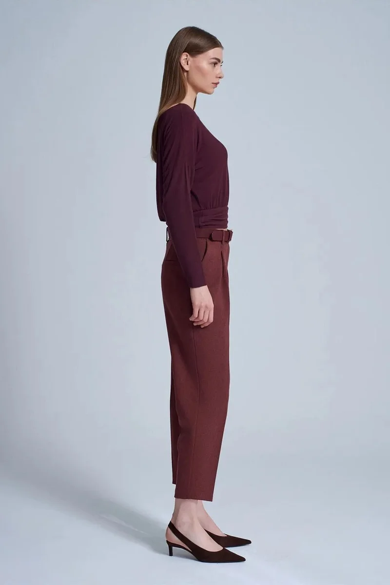 Dilvin Burgundy Red DILVIN High-Waist Belted Straight-Leg Trousers for Women | Best Price UAE