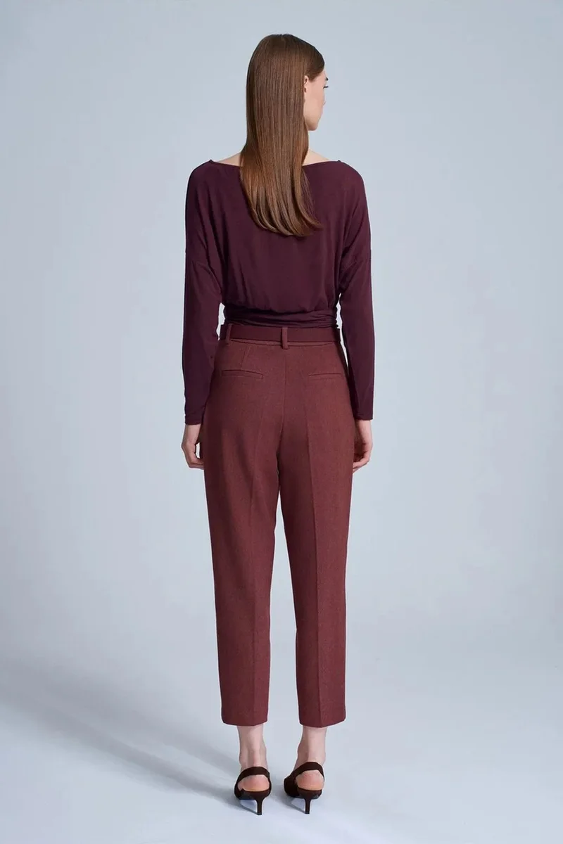 Dilvin Burgundy Red DILVIN High-Waist Belted Straight-Leg Trousers for Women | Best Price UAE