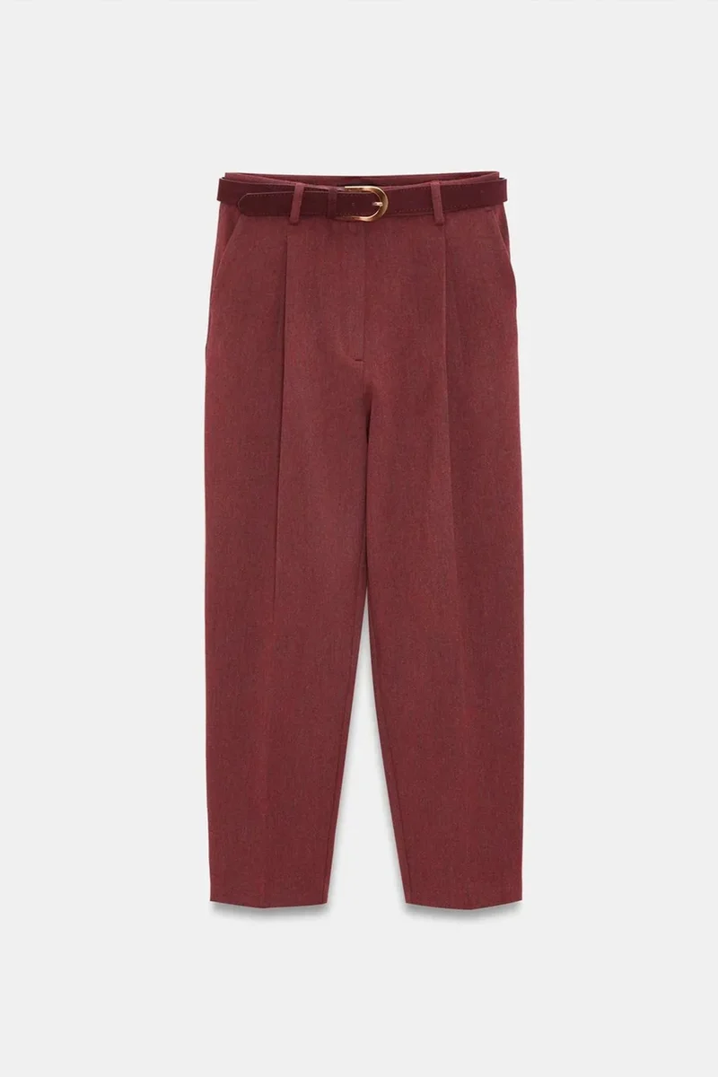 Dilvin Burgundy Red DILVIN High-Waist Belted Straight-Leg Trousers for Women | Best Price UAE