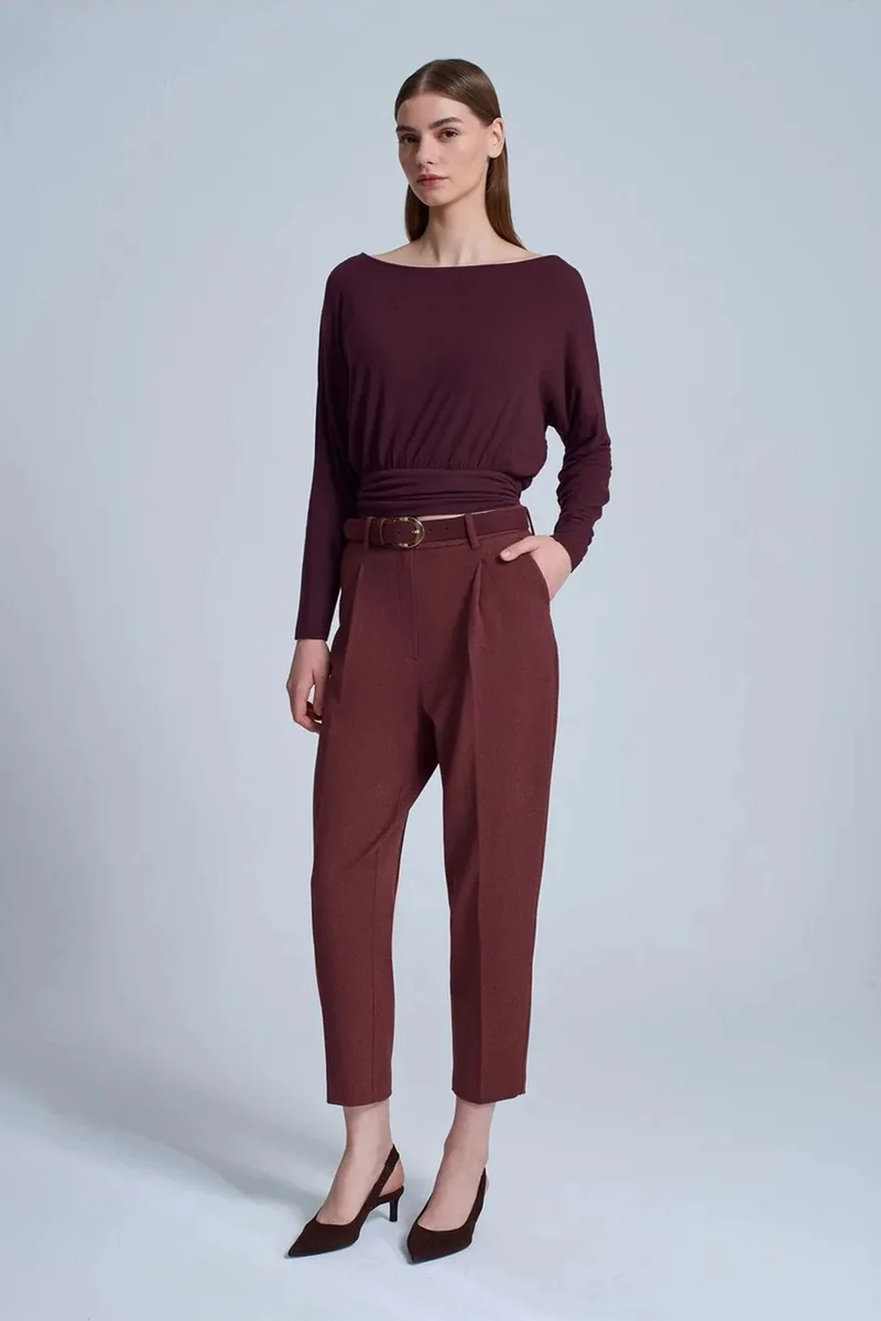 Dilvin Burgundy Red DILVIN High-Waist Belted Straight-Leg Trousers for Women | Best Price UAE