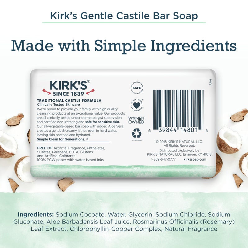 Kirk's Natural Original Coco Castile Soap with Aloe Vera, Pack of 3 - Image 2
