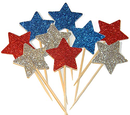 MixTeach 36 Pieces Glitter Star 4th of July Cupcake Toppers Glitter Gold Star Cakes Toppers for Independence Day 4th of July Party Supplies FavorsBlue Red White - Image 1