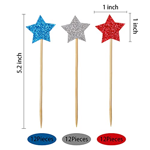MixTeach 36 Pieces Glitter Star 4th of July Cupcake Toppers Glitter Gold Star Cakes Toppers for Independence Day 4th of July Party Supplies FavorsBlue Red White - Image 5