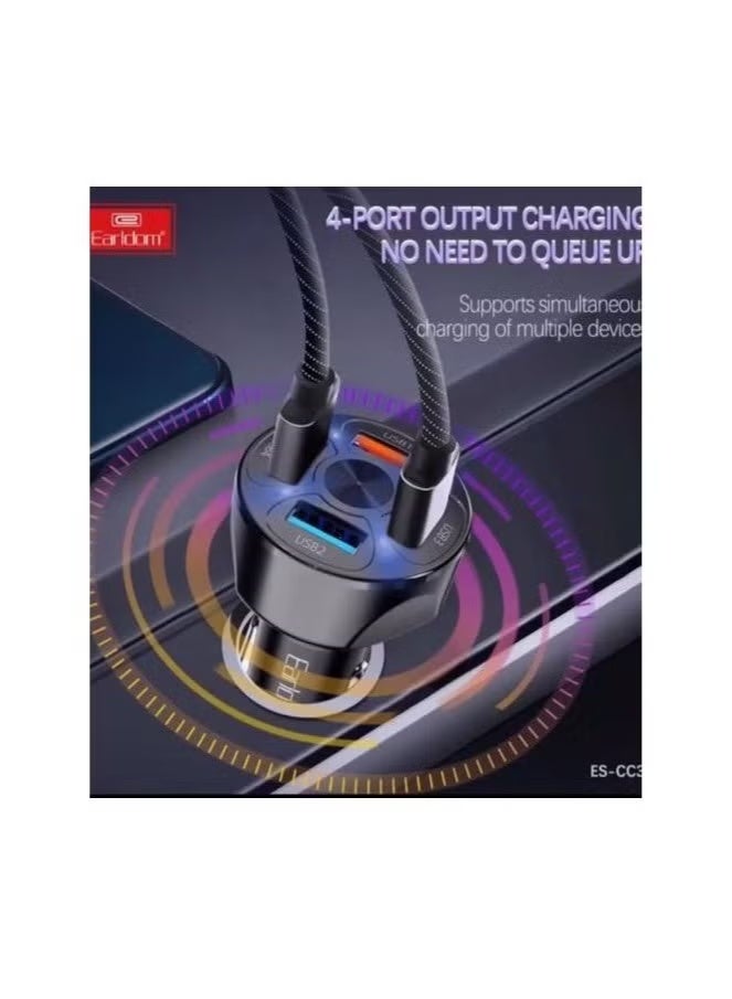 شاحن سيارة سريع الشحن 3.1 أمبير مع مصباح LED و4 منافذ USB باللون الأسود - Image 3