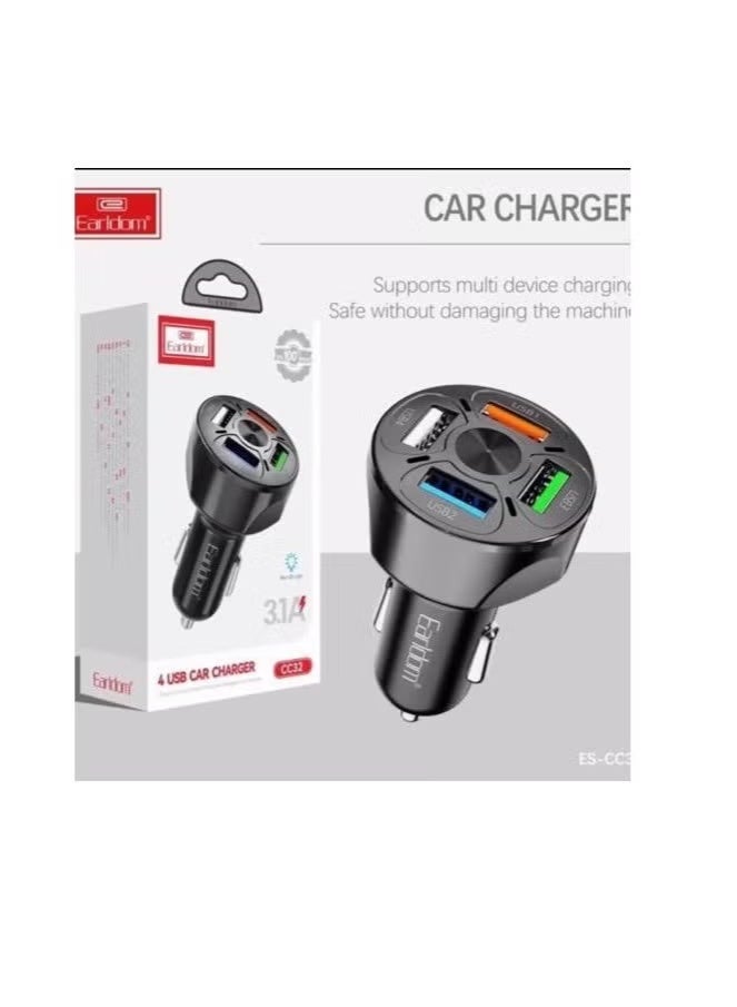 شاحن سيارة سريع الشحن 3.1 أمبير مع مصباح LED و4 منافذ USB باللون الأسود - Image 1