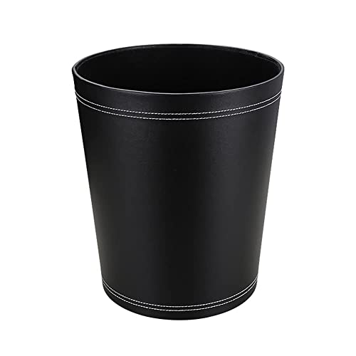 KINGFOM Classic Pu Leather Trash Can Wastebasket, Small Garbage Container Can for Bathrooms, Powder Rooms, Kitchens, Home, Office and and High Class Hotel Round Black - Image 1
