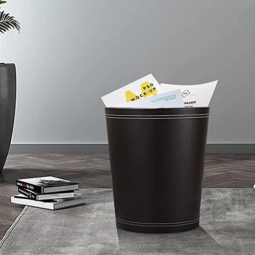 KINGFOM Classic Pu Leather Trash Can Wastebasket, Small Garbage Container Can for Bathrooms, Powder Rooms, Kitchens, Home, Office and and High Class Hotel Round Black - Image 2