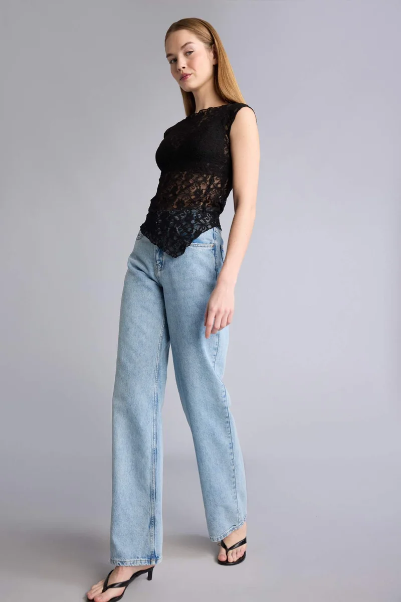 DeFacto Slim Fit Crew Neck Lace Short Sleeve T-Shirt