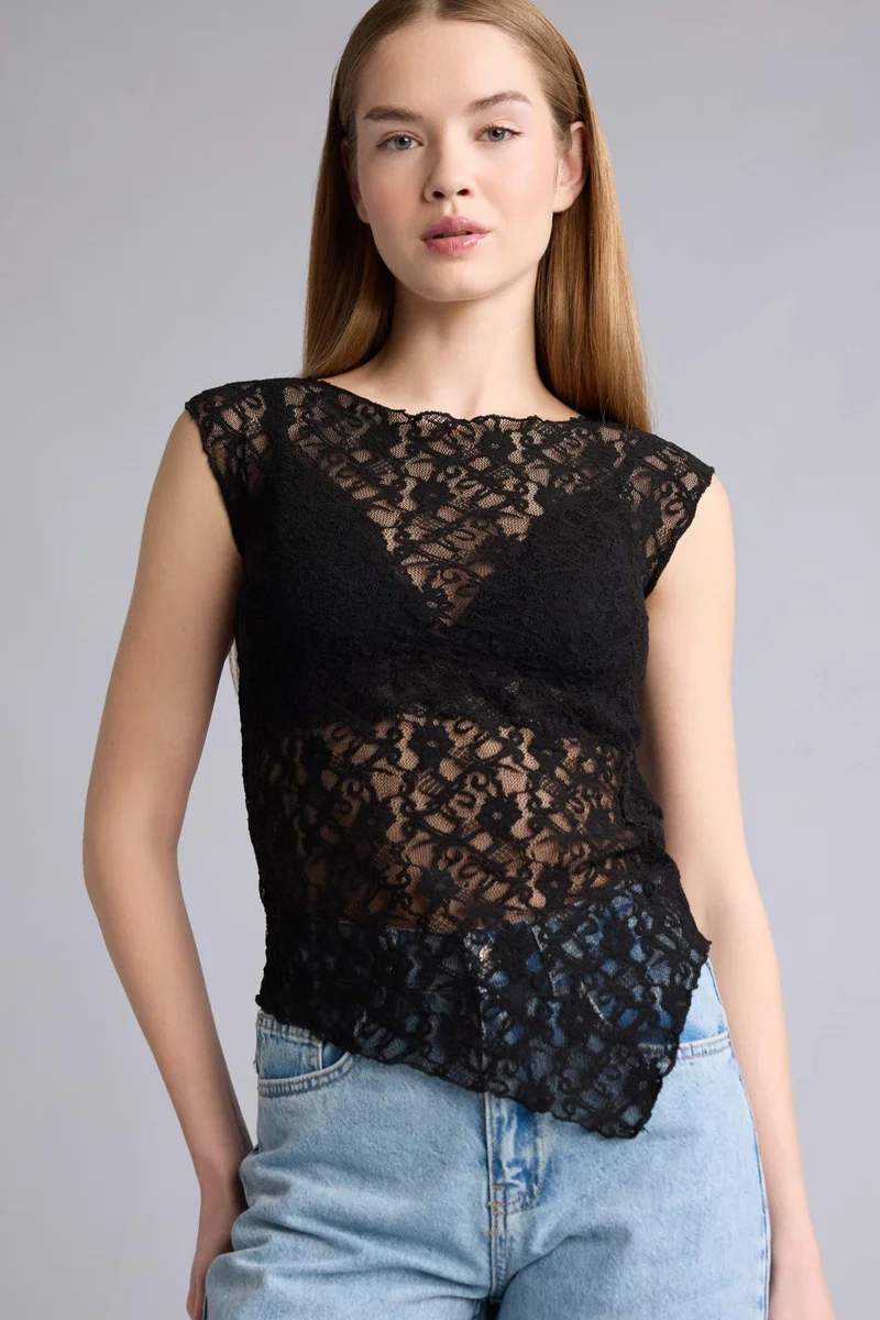 DeFacto Slim Fit Crew Neck Lace Short Sleeve T-Shirt
