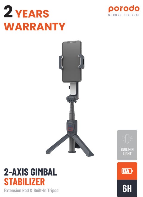 Porodo 2-Axis Gimbal Stabilizer Anti-Shake Gimbal with rotatable central control and Extension Rod & Built-in Tripod - Black