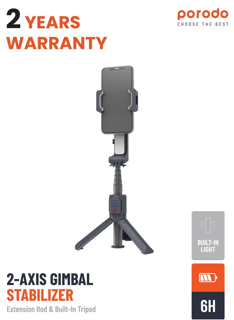 porodo Porodo 2-Axis Gimbal Stabilizer Anti-Shake Gimbal with rotatable central control and Extension Rod & Built-in Tripod - Black  - Image 1
