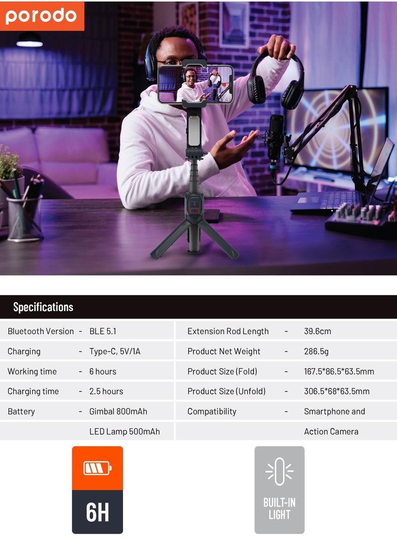 Porodo 2-Axis Gimbal Stabilizer Anti-Shake Gimbal with rotatable central control and Extension Rod & Built-in Tripod - Black