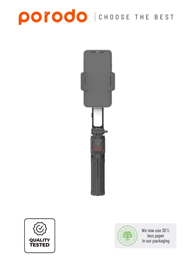 Porodo 2-Axis Gimbal Stabilizer Anti-Shake Gimbal with rotatable central control and Extension Rod & Built-in Tripod - Black