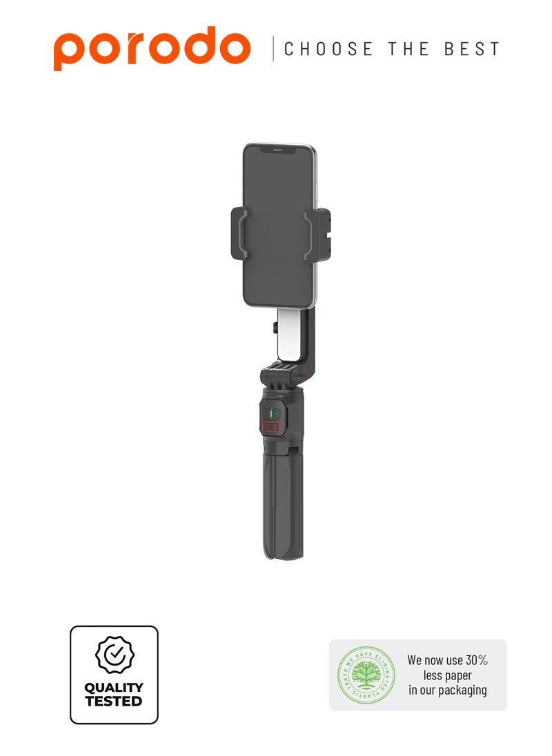 Porodo 2-Axis Gimbal Stabilizer Anti-Shake Gimbal with rotatable central control and Extension Rod & Built-in Tripod - Black