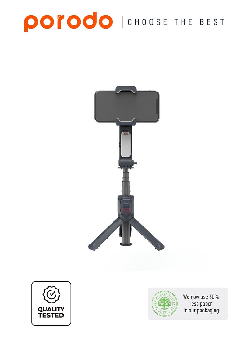Porodo 2-Axis Gimbal Stabilizer Anti-Shake Gimbal with rotatable central control and Extension Rod & Built-in Tripod - Black