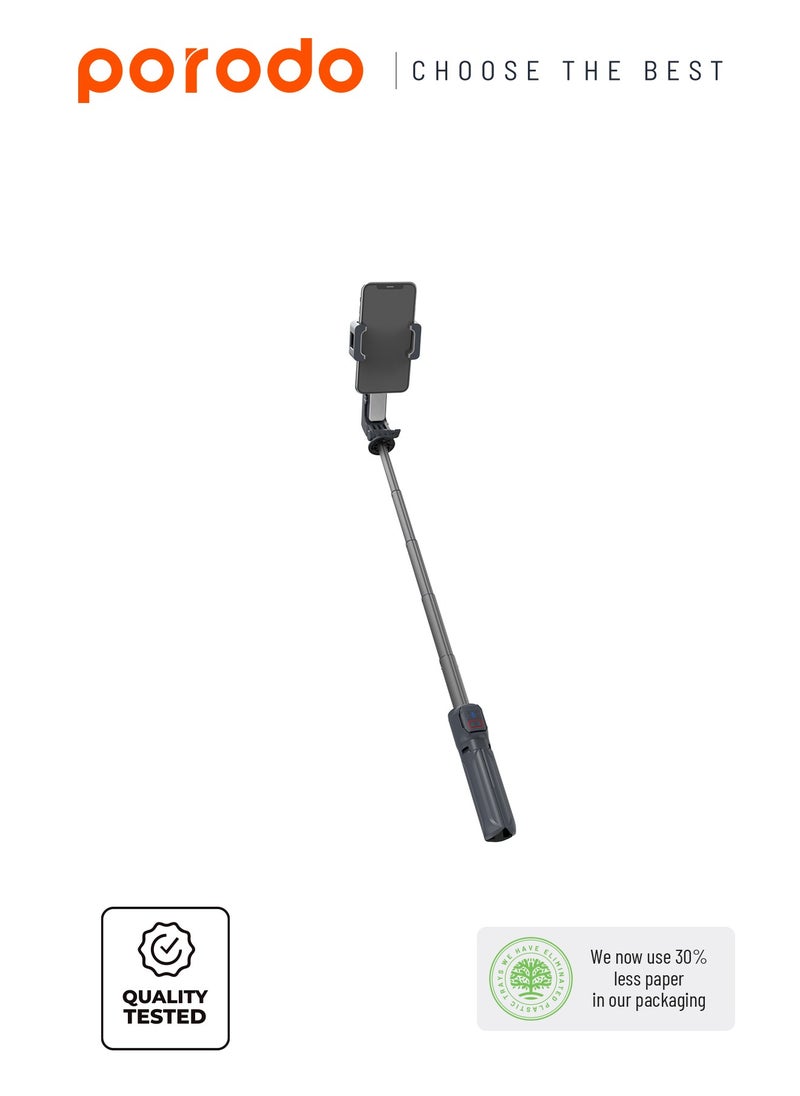 Porodo 2-Axis Gimbal Stabilizer Anti-Shake Gimbal with rotatable central control and Extension Rod & Built-in Tripod - Black