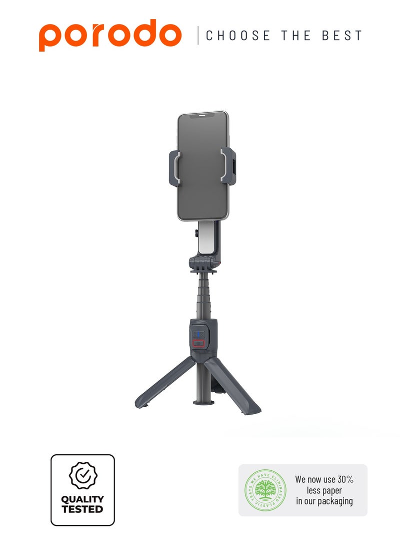 Porodo 2-Axis Gimbal Stabilizer Anti-Shake Gimbal with rotatable central control and Extension Rod & Built-in Tripod - Black