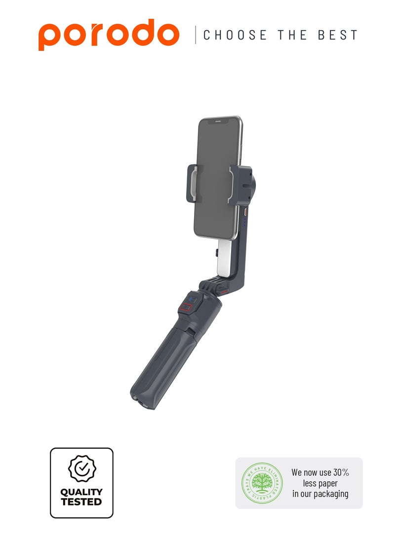 Porodo 2-Axis Gimbal Stabilizer Anti-Shake Gimbal with rotatable central control and Extension Rod & Built-in Tripod - Black