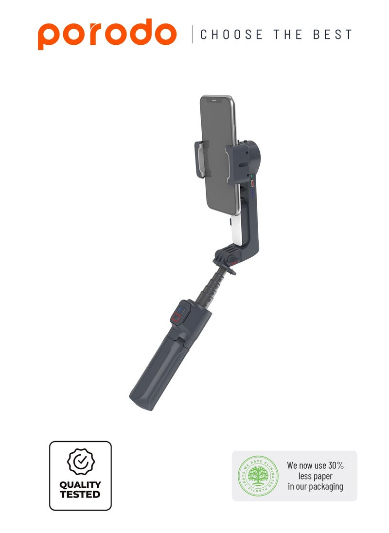 Porodo 2-Axis Gimbal Stabilizer Anti-Shake Gimbal with rotatable central control and Extension Rod & Built-in Tripod - Black