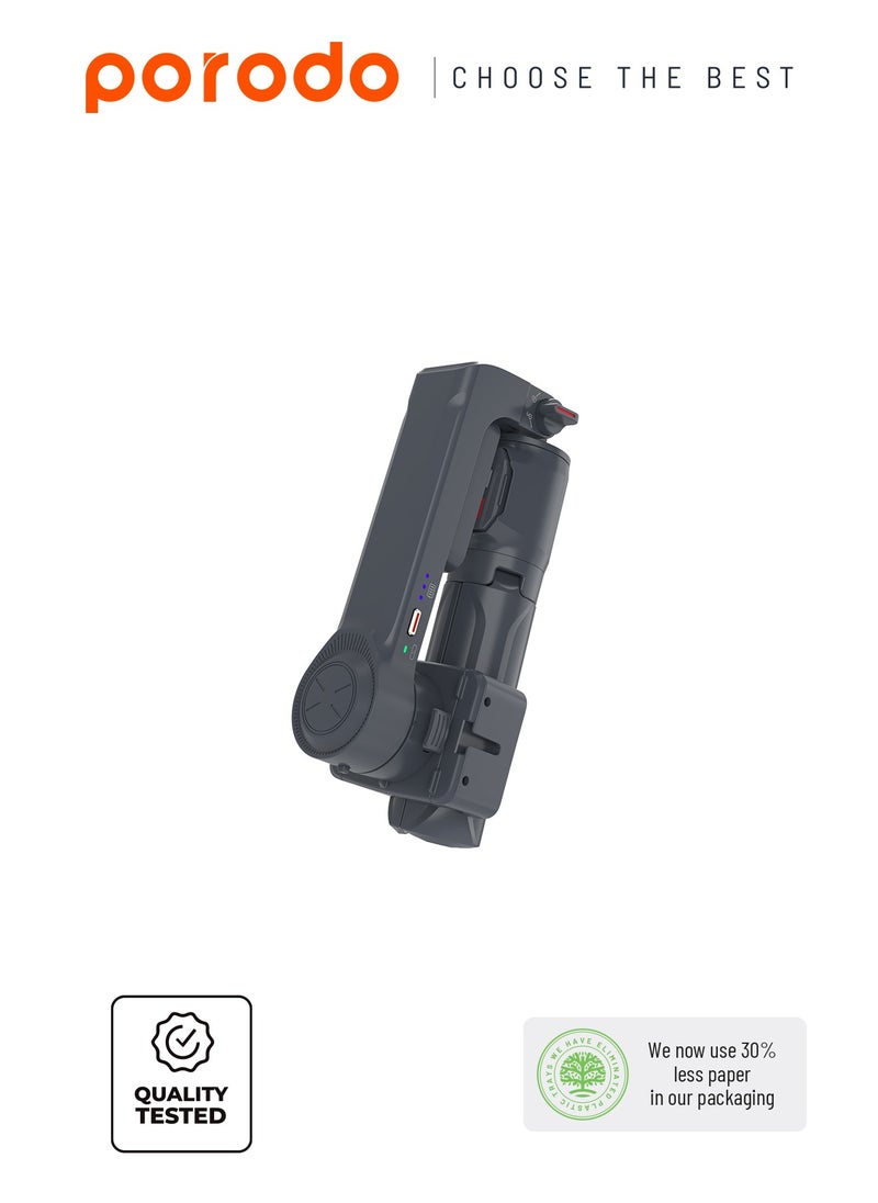 Porodo 2-Axis Gimbal Stabilizer Anti-Shake Gimbal with rotatable central control and Extension Rod & Built-in Tripod - Black