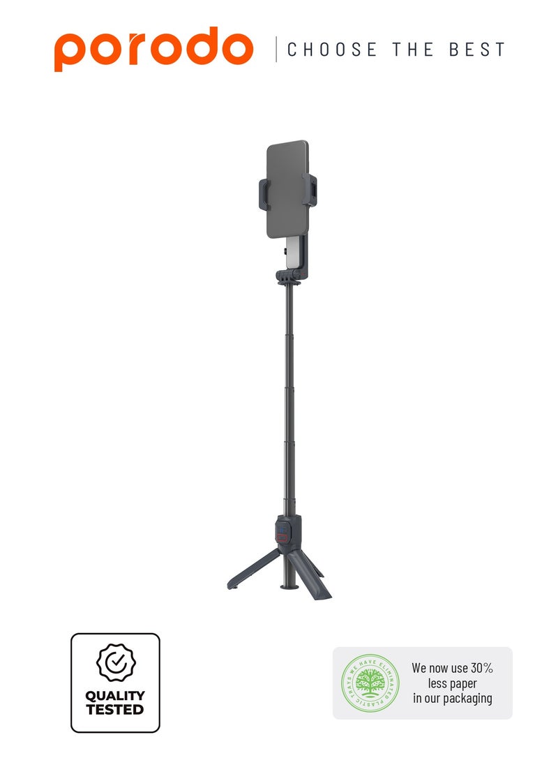 Porodo 2-Axis Gimbal Stabilizer Anti-Shake Gimbal with rotatable central control and Extension Rod & Built-in Tripod - Black