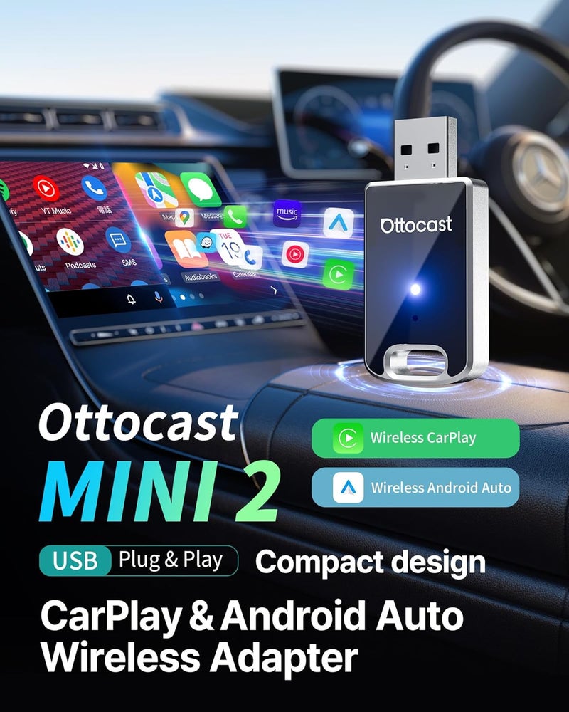 Ottocast محول كار بلاي اللاسلكي ميني 2 ومحول أندرويد أوتو للسيارات، 2 في 1 بفصل زر واحد لمستخدمين متعددين وإعادة ضبط المصنع، كارلينكيت توصيل وتشغيل مع كار بلاي أو أندرويد أوتو مدمج USB C/A - Image 3
