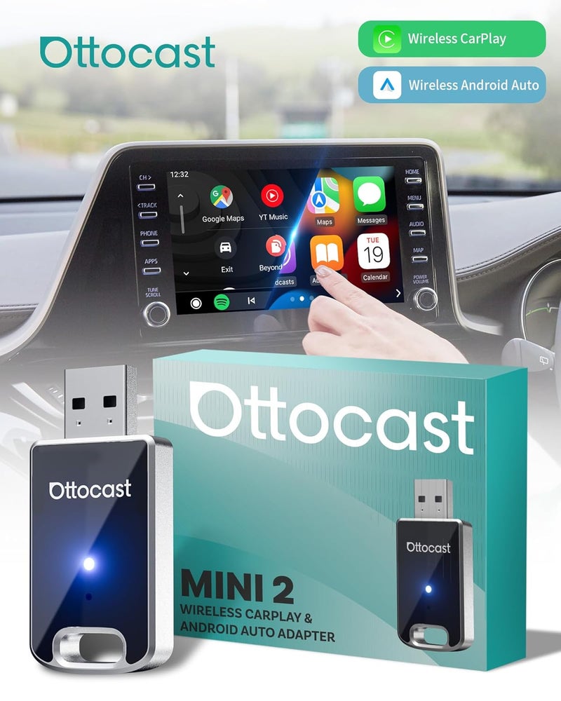 Ottocast محول كار بلاي اللاسلكي ميني 2 ومحول أندرويد أوتو للسيارات، 2 في 1 بفصل زر واحد لمستخدمين متعددين وإعادة ضبط المصنع، كارلينكيت توصيل وتشغيل مع كار بلاي أو أندرويد أوتو مدمج USB C/A - Image 2
