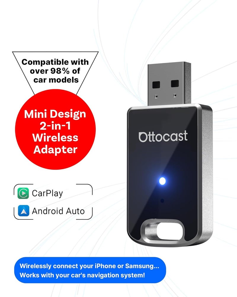Ottocast محول كار بلاي اللاسلكي ميني 2 ومحول أندرويد أوتو للسيارات، 2 في 1 بفصل زر واحد لمستخدمين متعددين وإعادة ضبط المصنع، كارلينكيت توصيل وتشغيل مع كار بلاي أو أندرويد أوتو مدمج USB C/A - Image 5