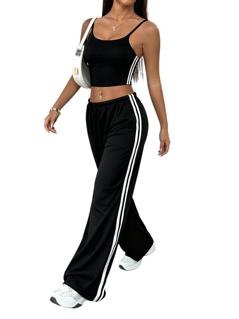 Spring/Summer New Women's Outfit Set, Crop Top + Wide-Leg Pants with Contrast Side Stripes - Image 1