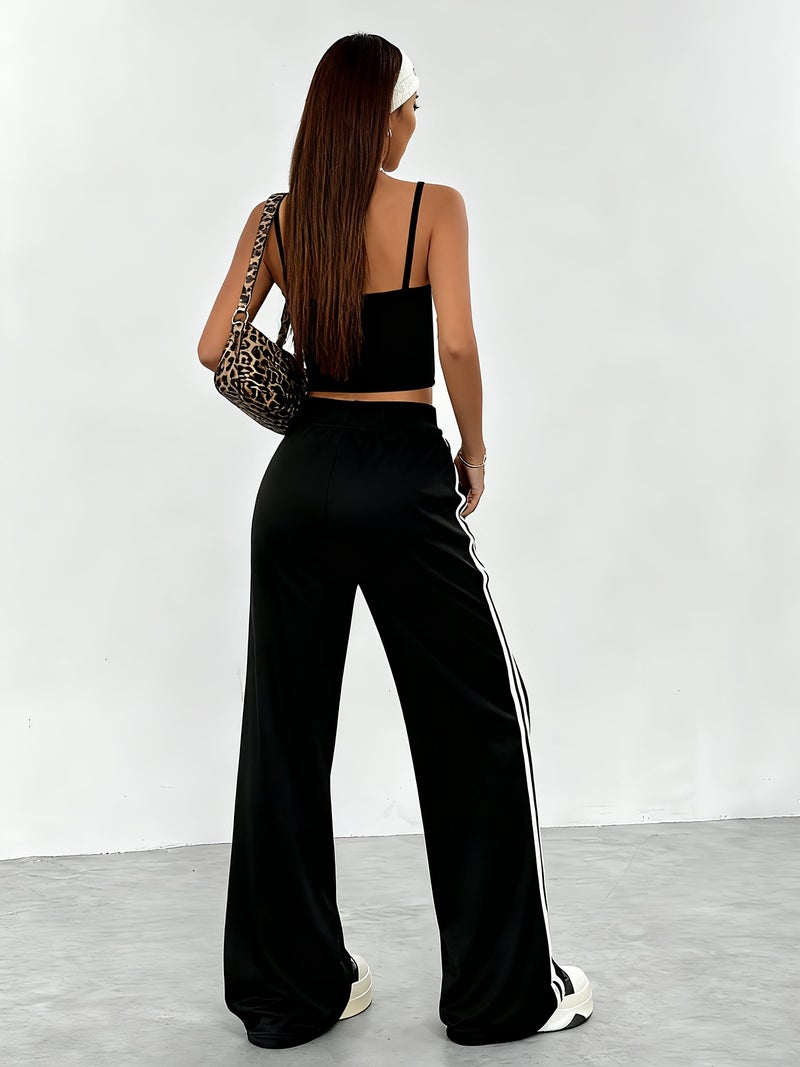 Spring/Summer New Women's Outfit Set, Crop Top + Wide-Leg Pants with Contrast Side Stripes - Image 2