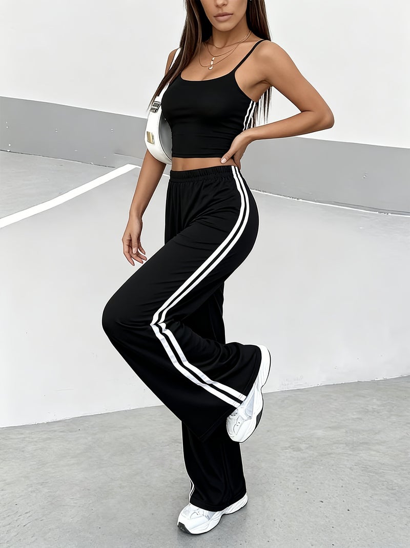 Spring/Summer New Women's Outfit Set, Crop Top + Wide-Leg Pants with Contrast Side Stripes - Image 3