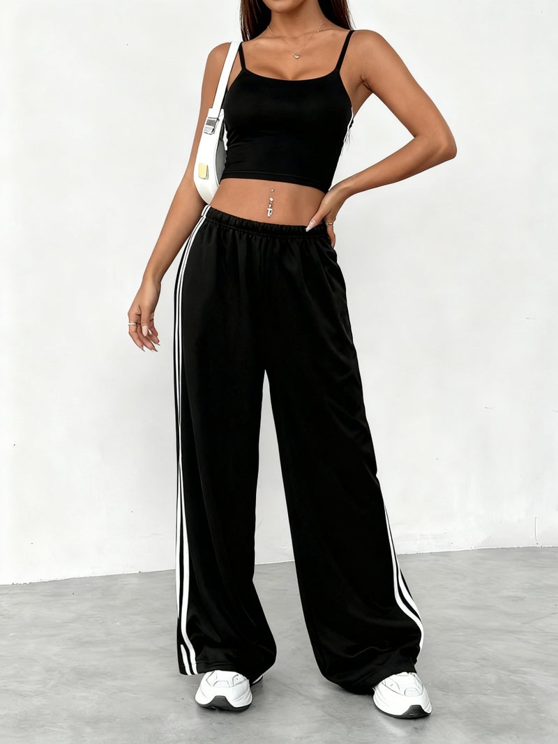 Spring/Summer New Women's Outfit Set, Crop Top + Wide-Leg Pants with Contrast Side Stripes - Image 4