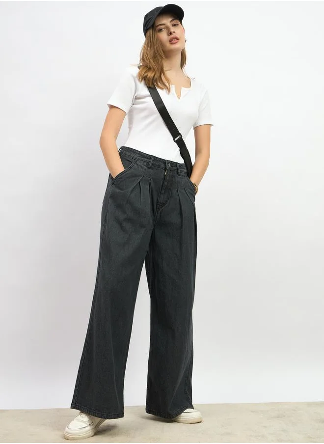 ستايلي Styli Mid Rise Pleated Wide Leg Jeans