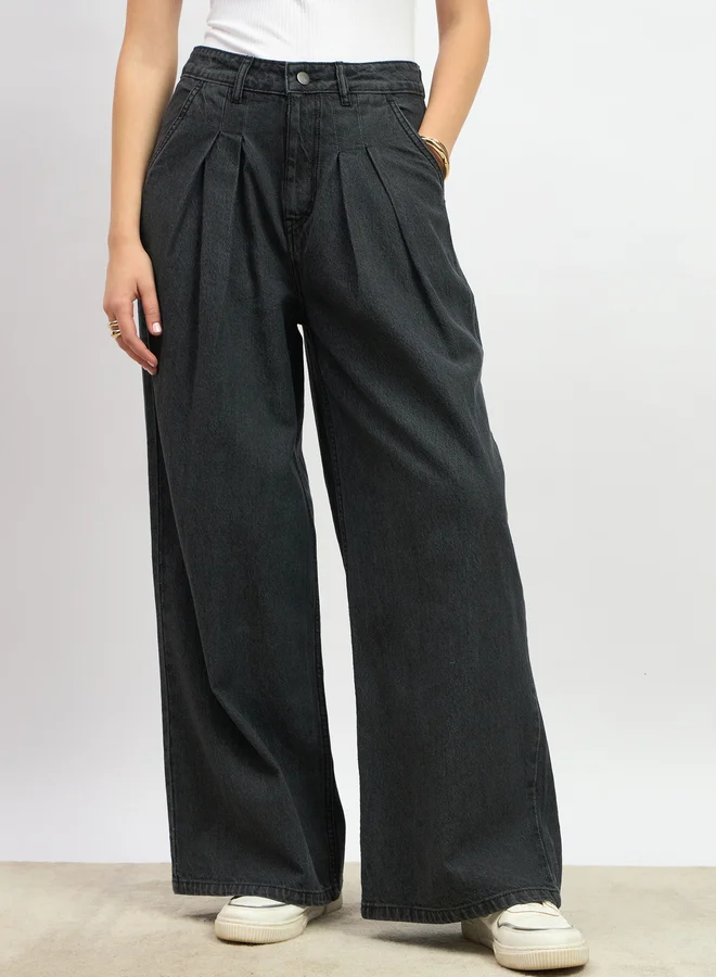 Styli Styli Mid Rise Pleated Wide Leg Jeans