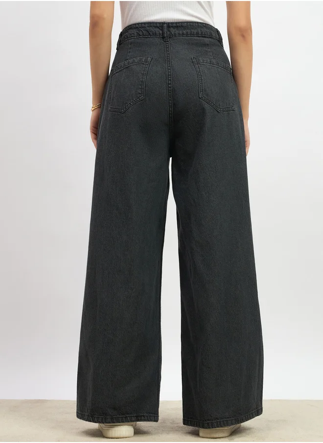 Styli Styli Mid Rise Pleated Wide Leg Jeans