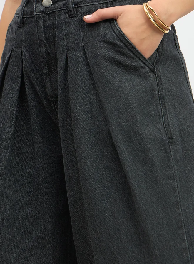 Styli Styli Mid Rise Pleated Wide Leg Jeans