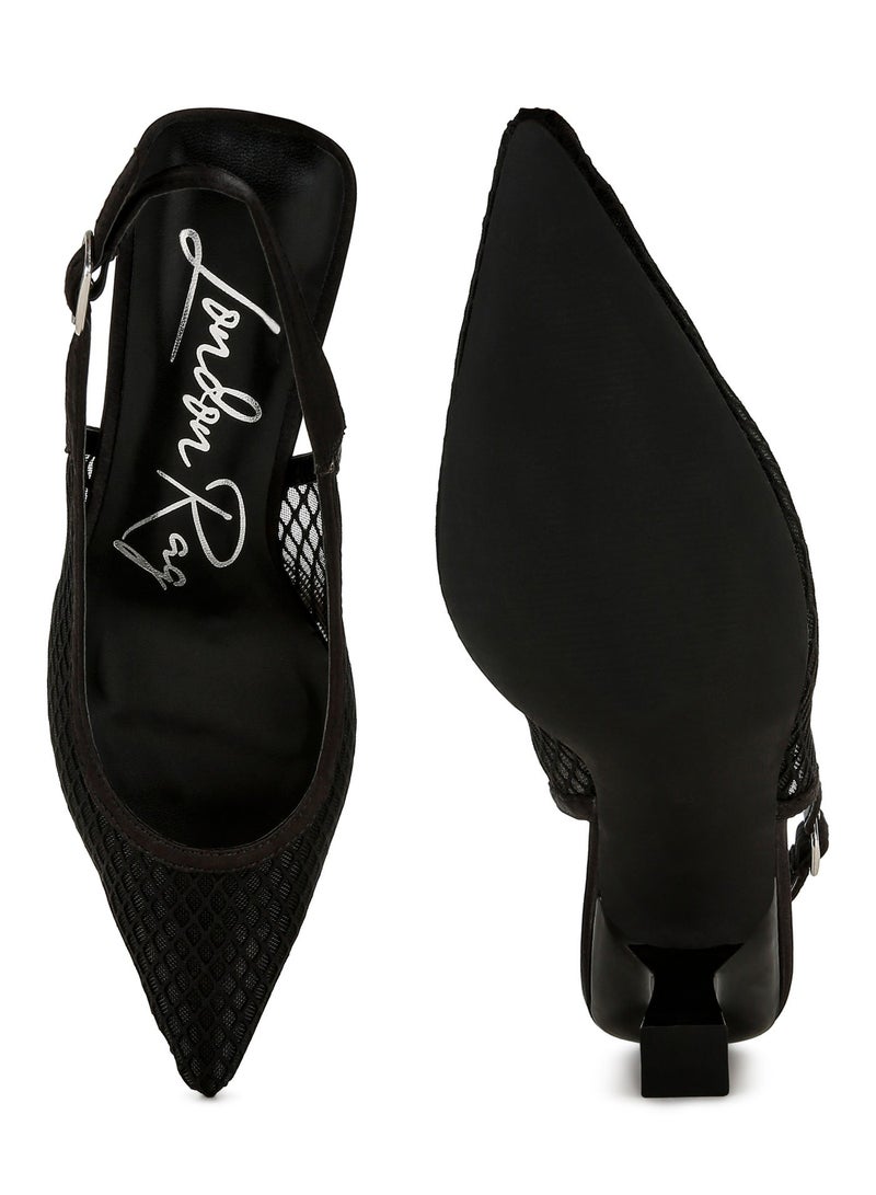 London Rag Mesh Pin Buckle Pointed Mules in Black - Image 5