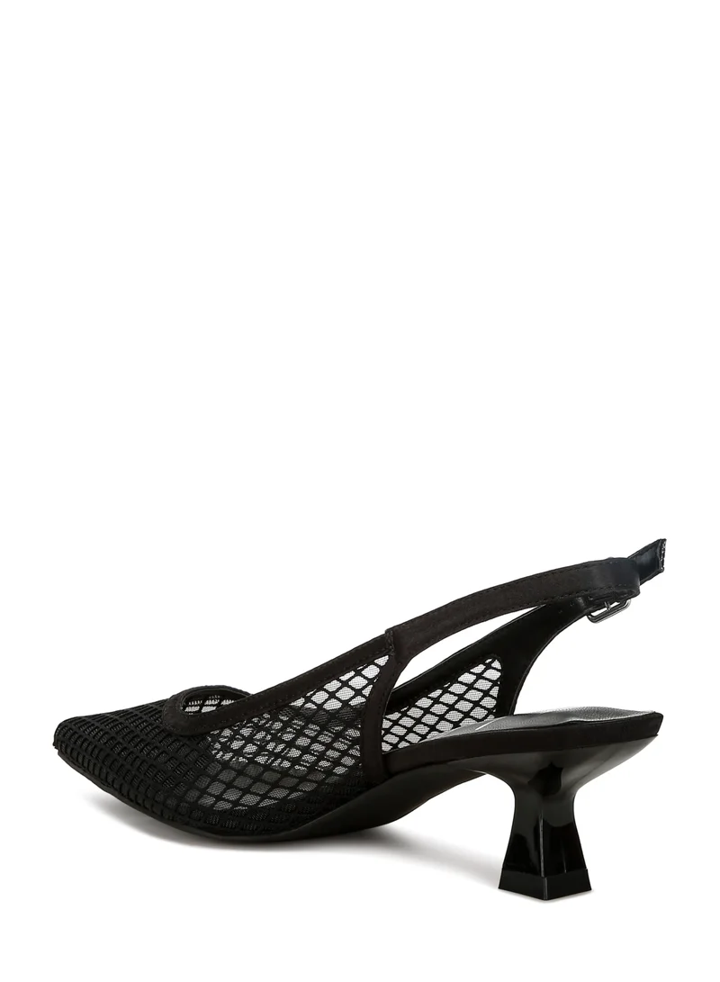 London Rag Mesh Pin Buckle Pointed Mules in Black