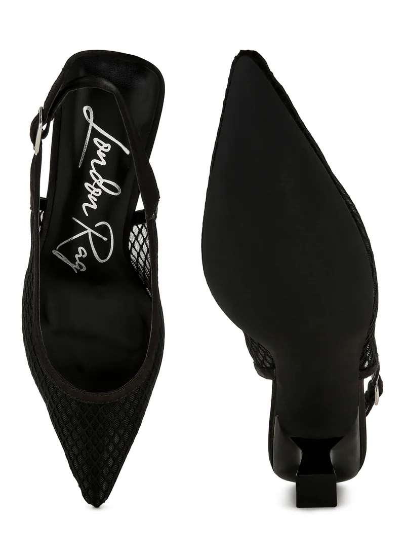 London Rag Mesh Pin Buckle Pointed Mules in Black