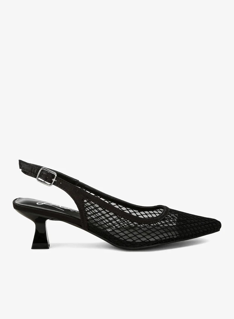 Mesh Pin Buckle Pointed Mules in Black