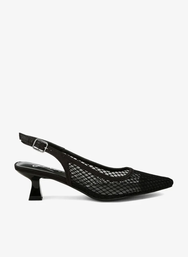 Mesh Pin Buckle Pointed Mules in Black
