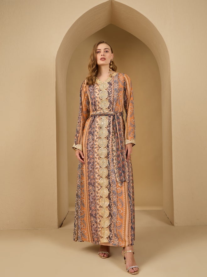 Styli Amirah Paisley Print Lace Trim Jalabiya with Fabric Belt  - Image 2
