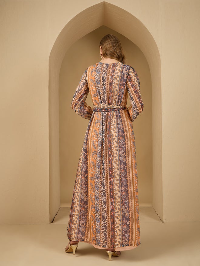 Styli Amirah Paisley Print Lace Trim Jalabiya with Fabric Belt  - Image 5