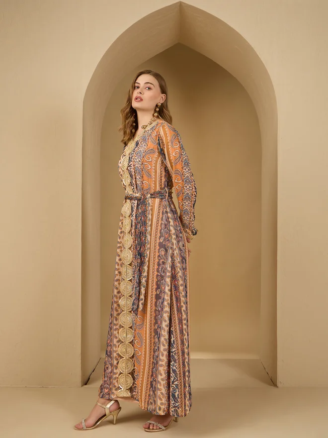 Styli Amirah Paisley Print Lace Trim Jalabiya with Fabric Belt