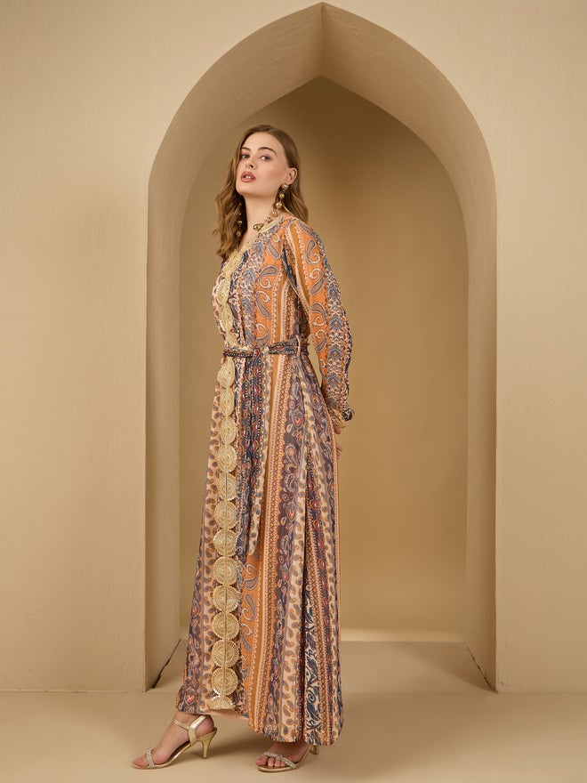 Styli Amirah Paisley Print Lace Trim Jalabiya with Fabric Belt  - Image 3
