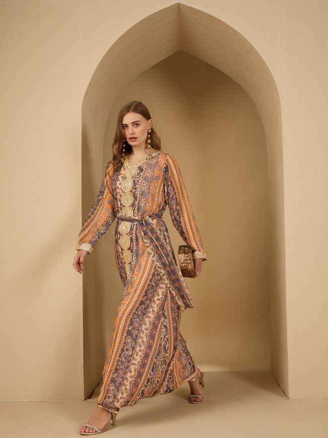 Styli Amirah Paisley Print Lace Trim Jalabiya with Fabric Belt  - Image 1