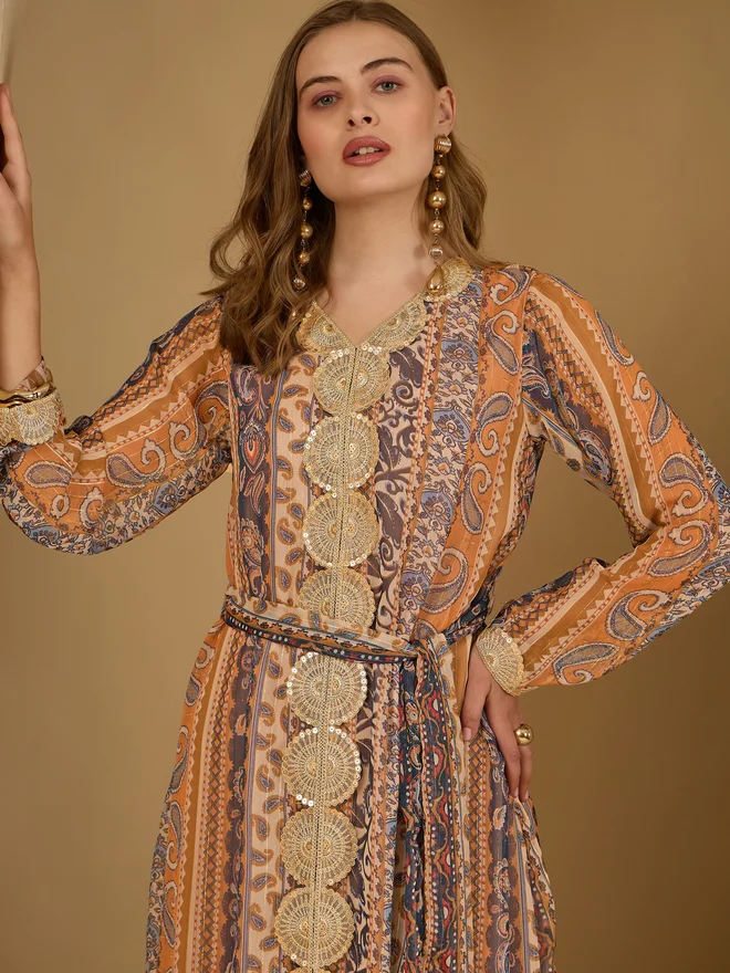 Styli Amirah Paisley Print Lace Trim Jalabiya with Fabric Belt
